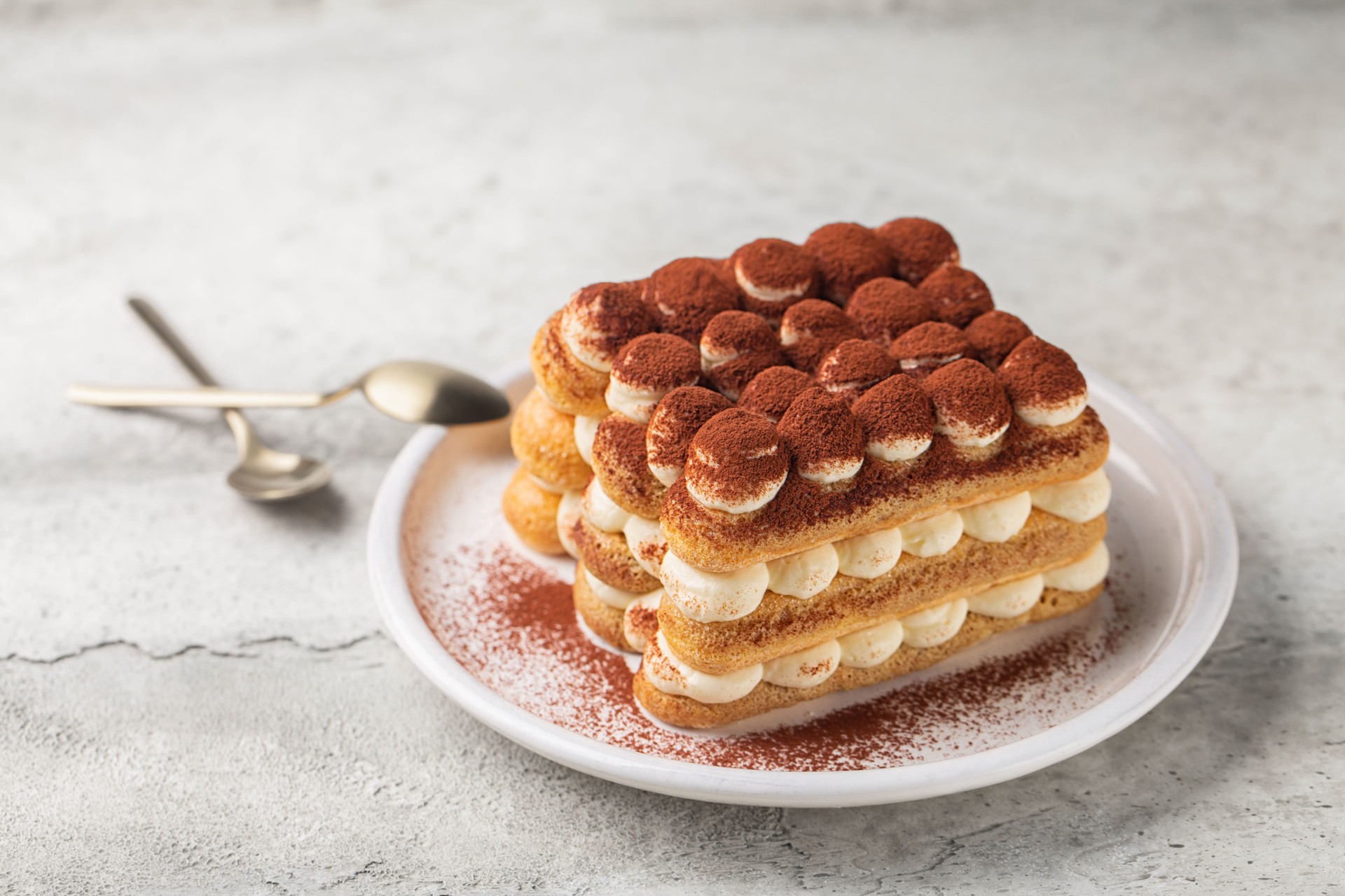 Italian dessert tiramisu made of ladyfingers dipped in coffee and layered with cream made of eggs and mascarpone cheese, powdered with cocoa.